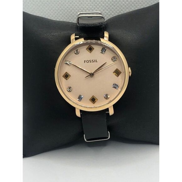 Fossil ES4473 Women's Black Leather Analog Pink Dial Quartz Genuine Watch OP68 - Picture 1 of 9